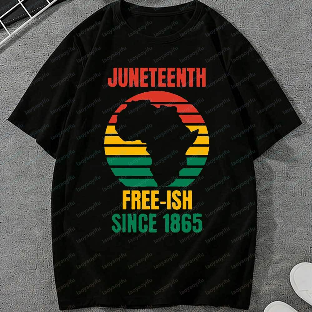 Juneteenth Freeish Since 1865 Africa Map Retro Sunset Graphic TShirt African American Pride Casual Tee Cotton Top Gift Apparel