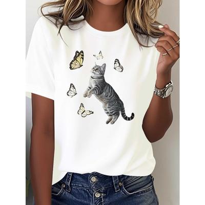 European Size European Size Women's Pure T-Shirt with Jumping Tabby Cat & Butterflies Print - Soft Casual Short Sleeve Round Neck White Top