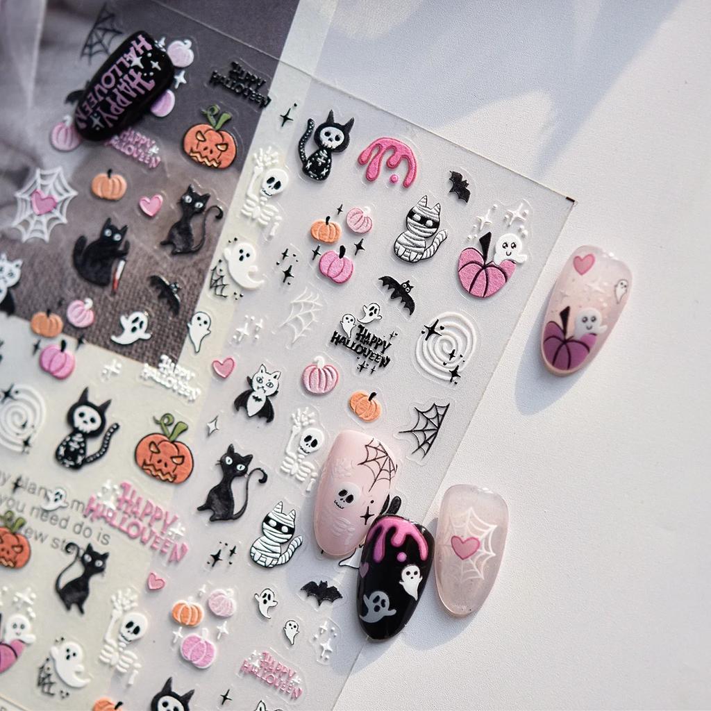 5D Nail Stickers Dark Style Nails Sticker Pink Pumpkin Halloween Self Adhesive Nail Art Stickers DIY Manicure Decorations Decals
