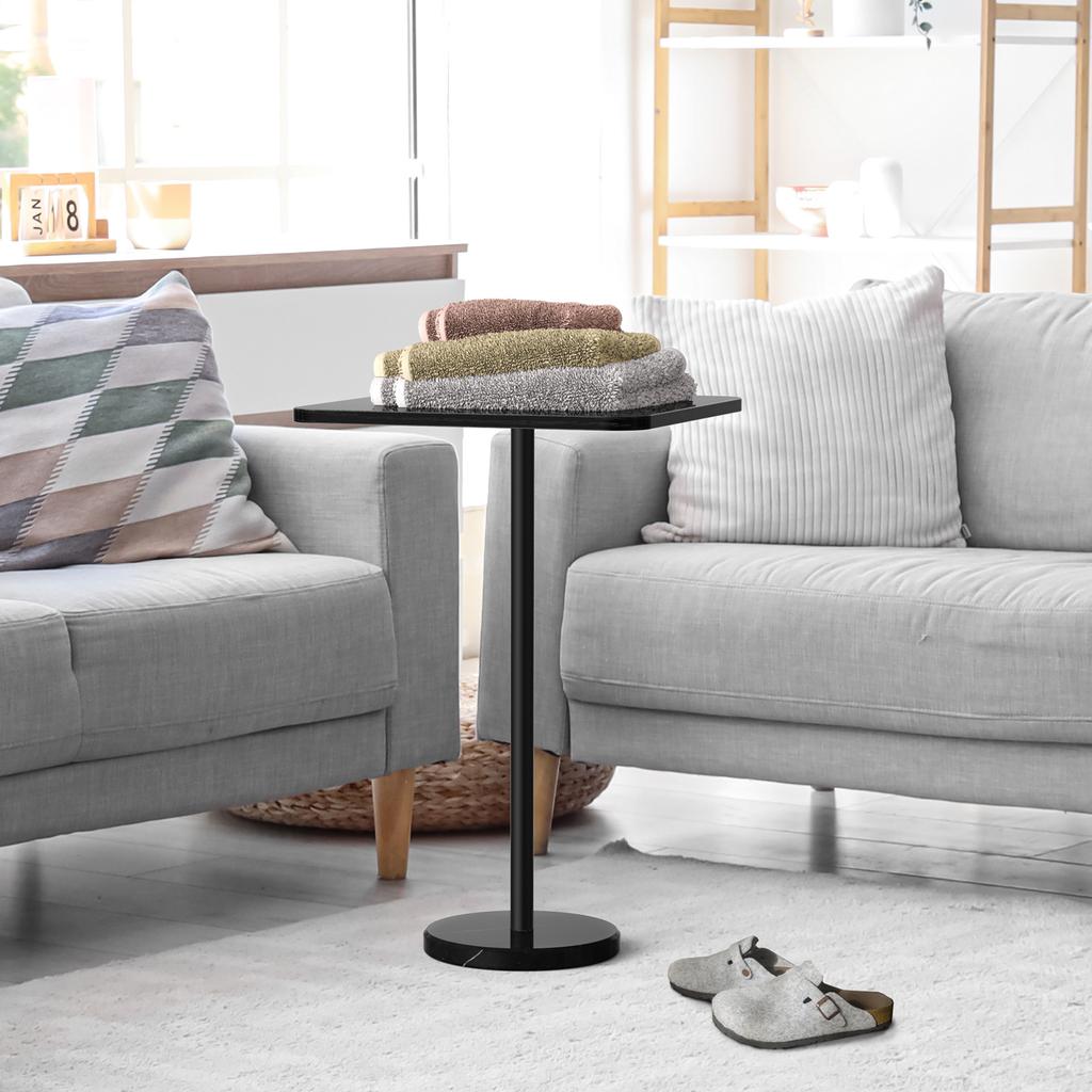 Modern Marble Pedestal Accent Table - Round Indoor/Outdoor Side Table for Patio, Sofa & Chairs, Black End Table with Stone Base