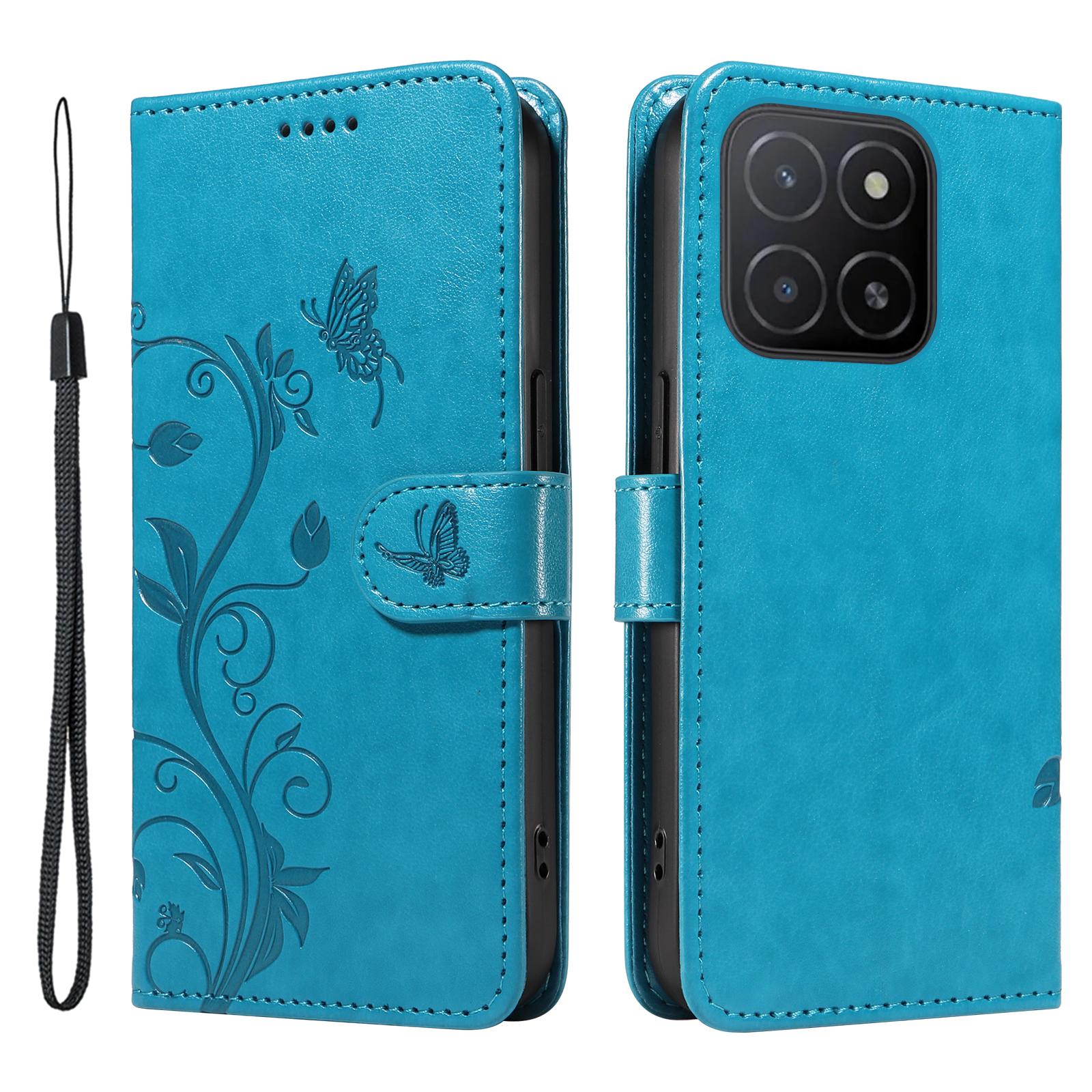 

For Honor X5b/X5b Plus PU Leather Cases Flower Pattern Wallet Stand Phone Cover with Strap Blue