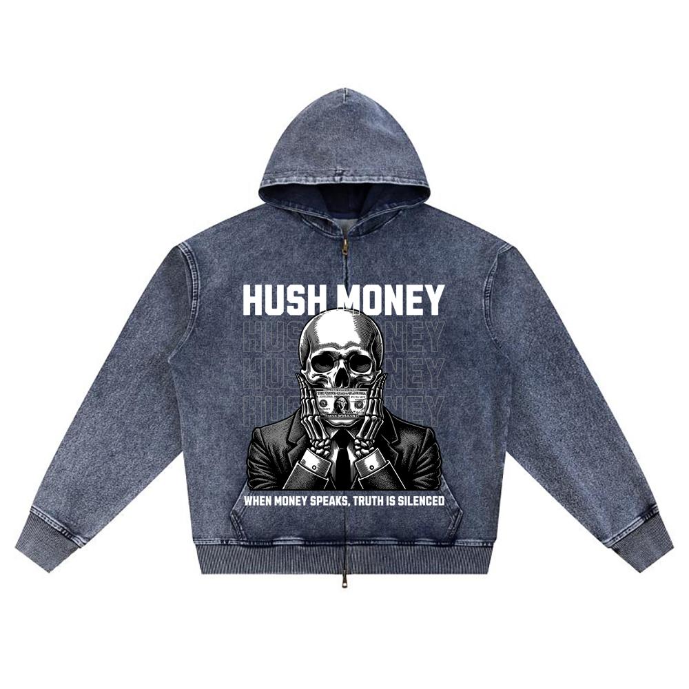 

DTG print Knitted Denim Zip-Up Hoodie Skeleton mouth hush money Brother Print Zipper Hoodies XL темно-синий