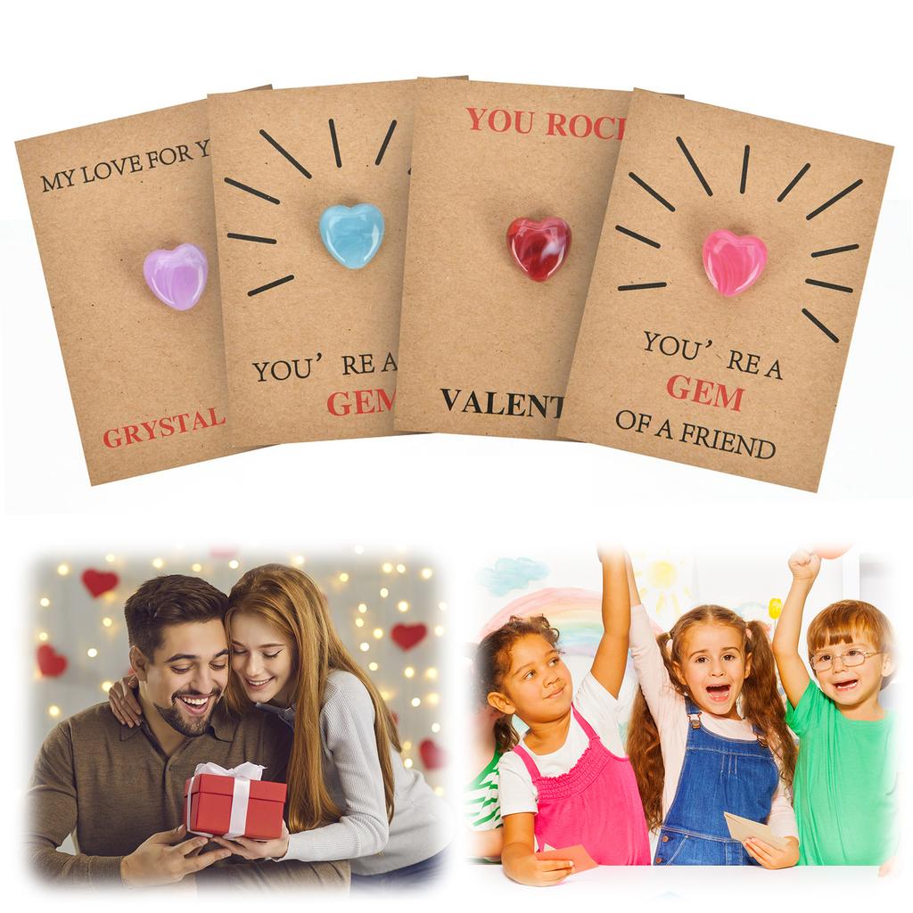 24Pcs Valentine Exchange Card with Heart-Shape Crystal Stone Valentines Cards for Boys Girls Class Classroom School Party Favor