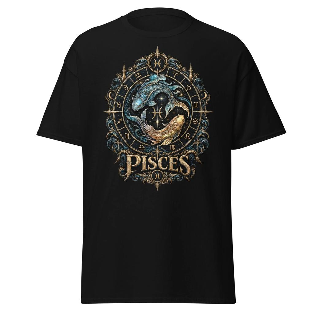 ZODIAC PISCES GOTHIC Black T-Shirt Vintage Unisex Astrology Tarot All Sizes Tee