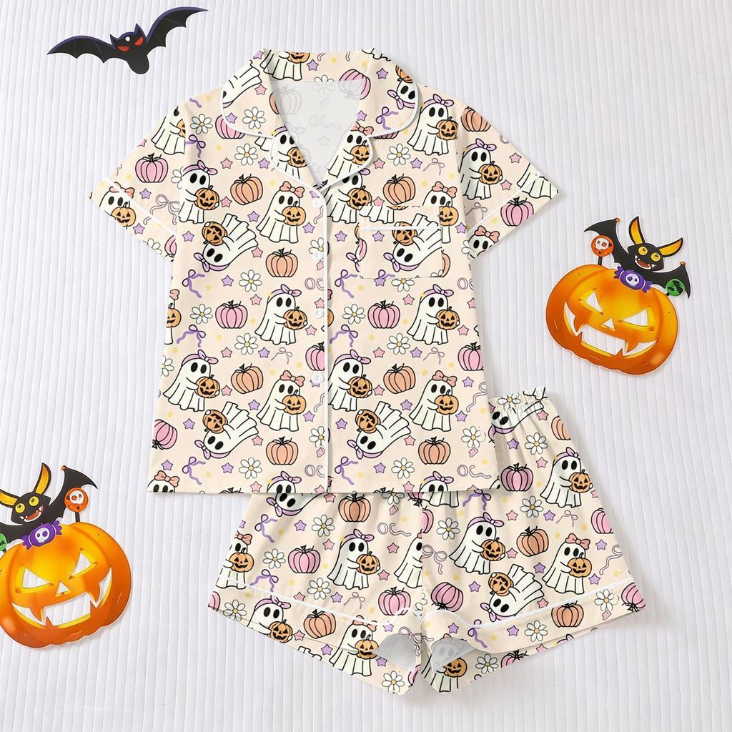 Women's Halloween Pajama Set with Short Sleeve Button Down Shirt and Shorts