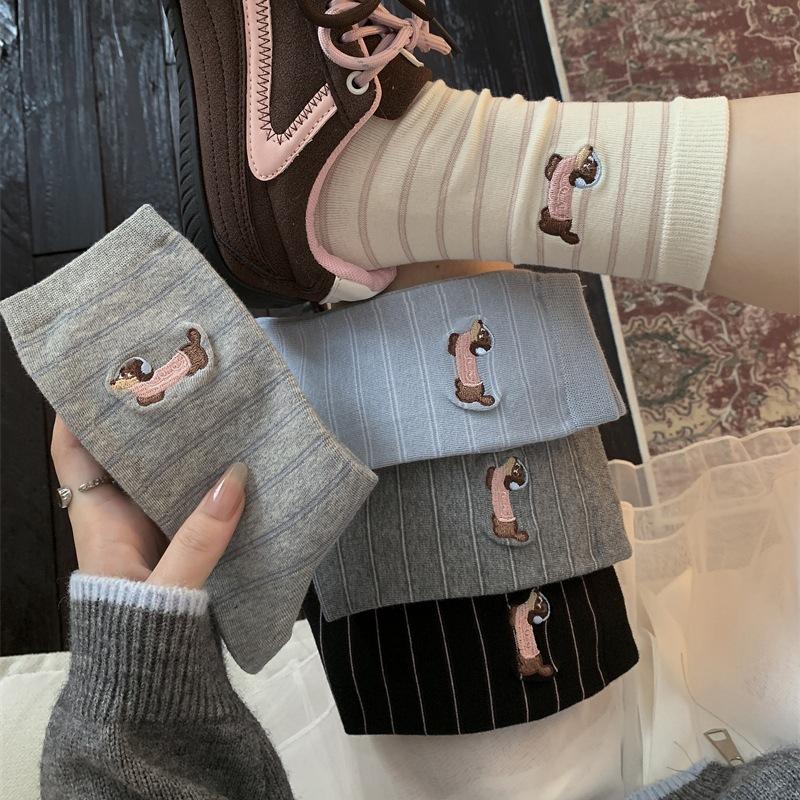 Embroidered Dachshund Mid-calf Thin Cotton Socks Fine-striped Dachshund Basic Versatile Cotton Socks