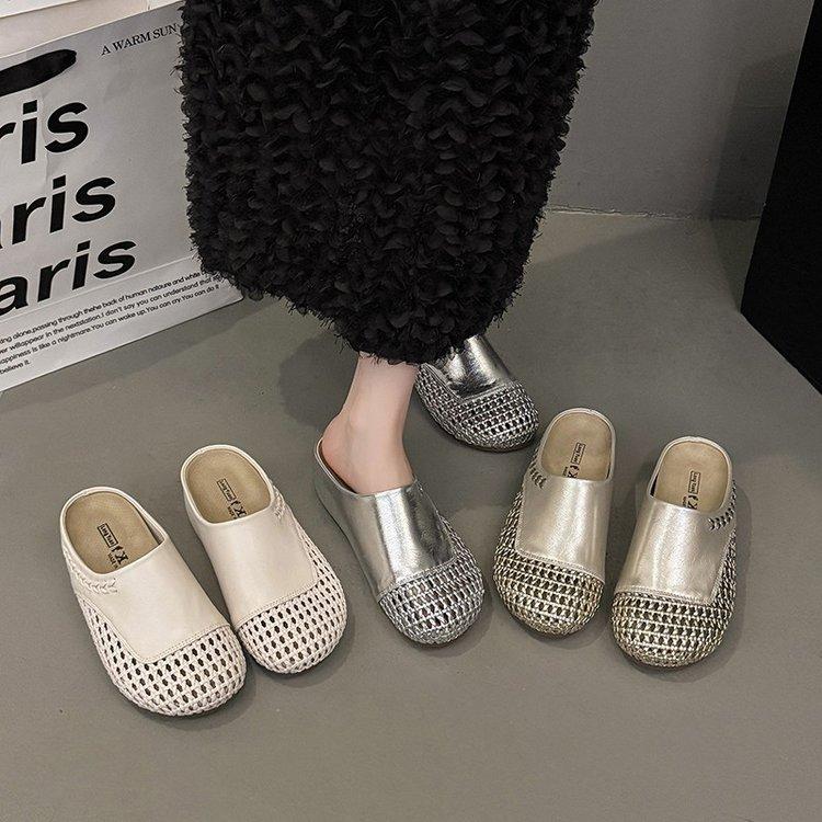 Baotou woven flat-heeled half-slippers women's summer 2025 new round head low-heeled temperament outside wearing cool slippers tide