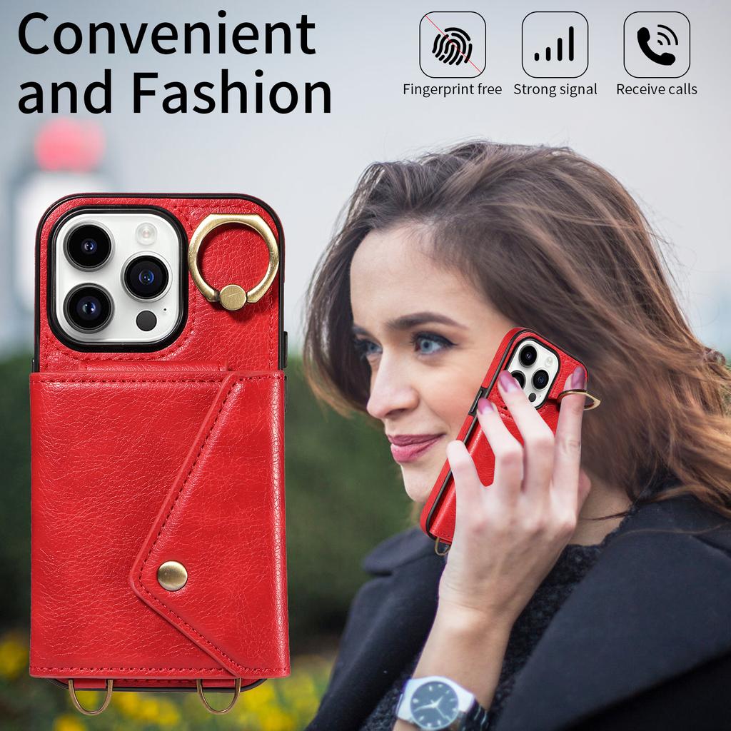 Para iPhone 16 Series.para iPhone 16,16 Plus,16 Pro,16 Pro Max Alça de Ombro Corda Anel Suporte Design Slots para Cartão Padrão Lichee Capa para Telefone