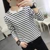 Plus Fat Plus Size Loose Long-sleeved T-shirt Women's Autumn Clothes Pure Cotton Bottoming Shirt Outer Wear Black and White Striped Top