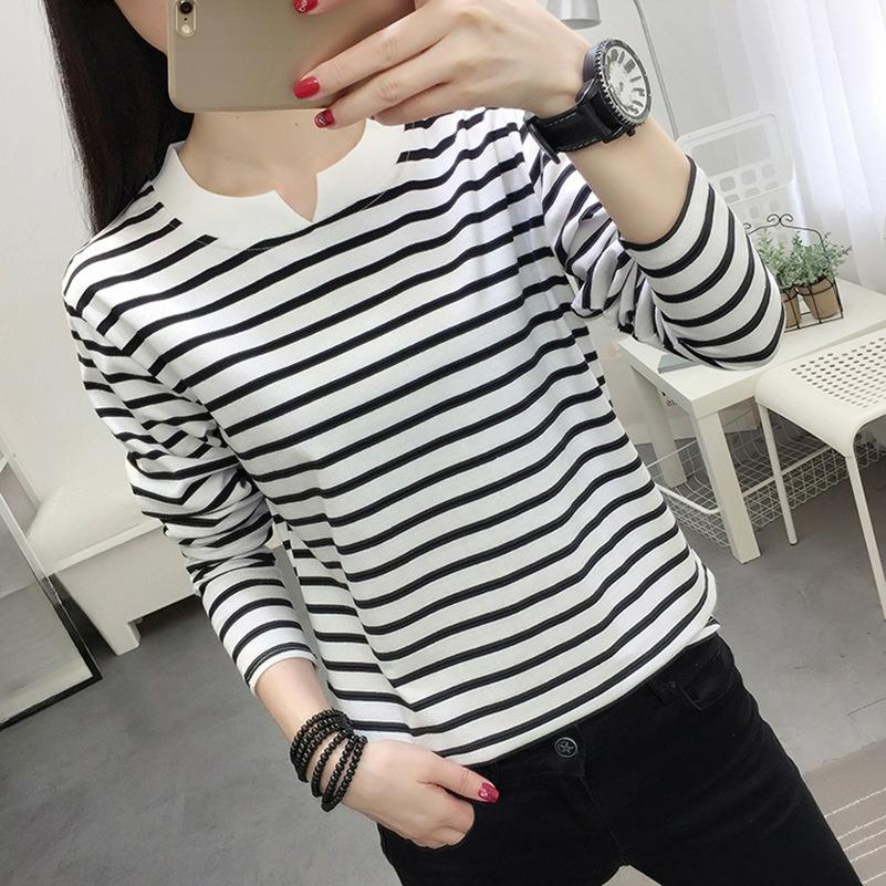 Plus Fat Plus Size Loose Long-sleeved T-shirt Women's Autumn Clothes Pure Cotton Bottoming Shirt Outer Wear Black and White Striped Top