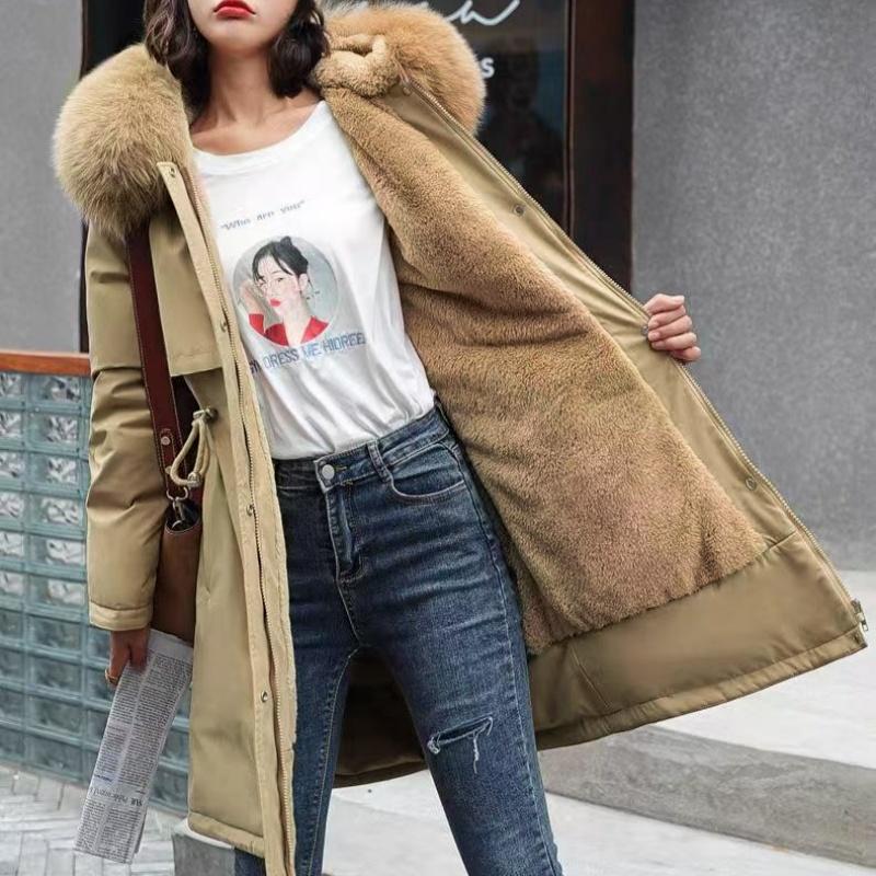 

Большие размеры в пальто и куртках Женская зимняя стеганая куртка Свободная повседневная верхняя одежда Флисовая ветровка с капюшоном Элегантные пальто XL хаки