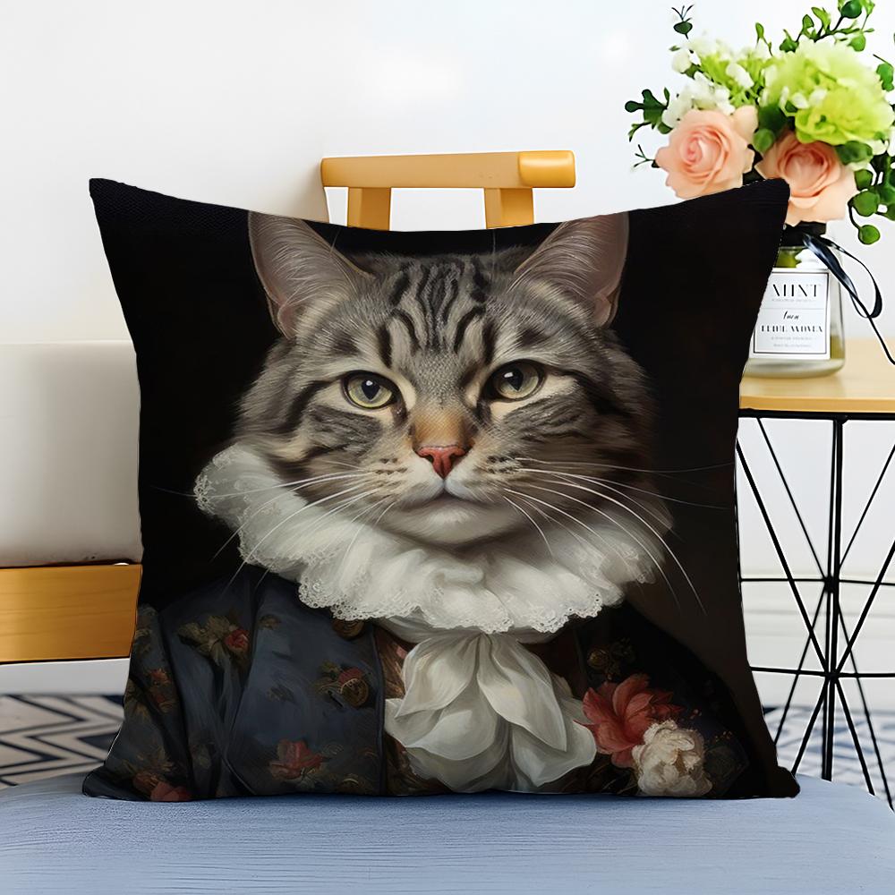 Renaissance Royal Cat Funny Cushion Cover Washable Linen Pillowcase Soft  for Sofa Bed Cozy Home Room Decor