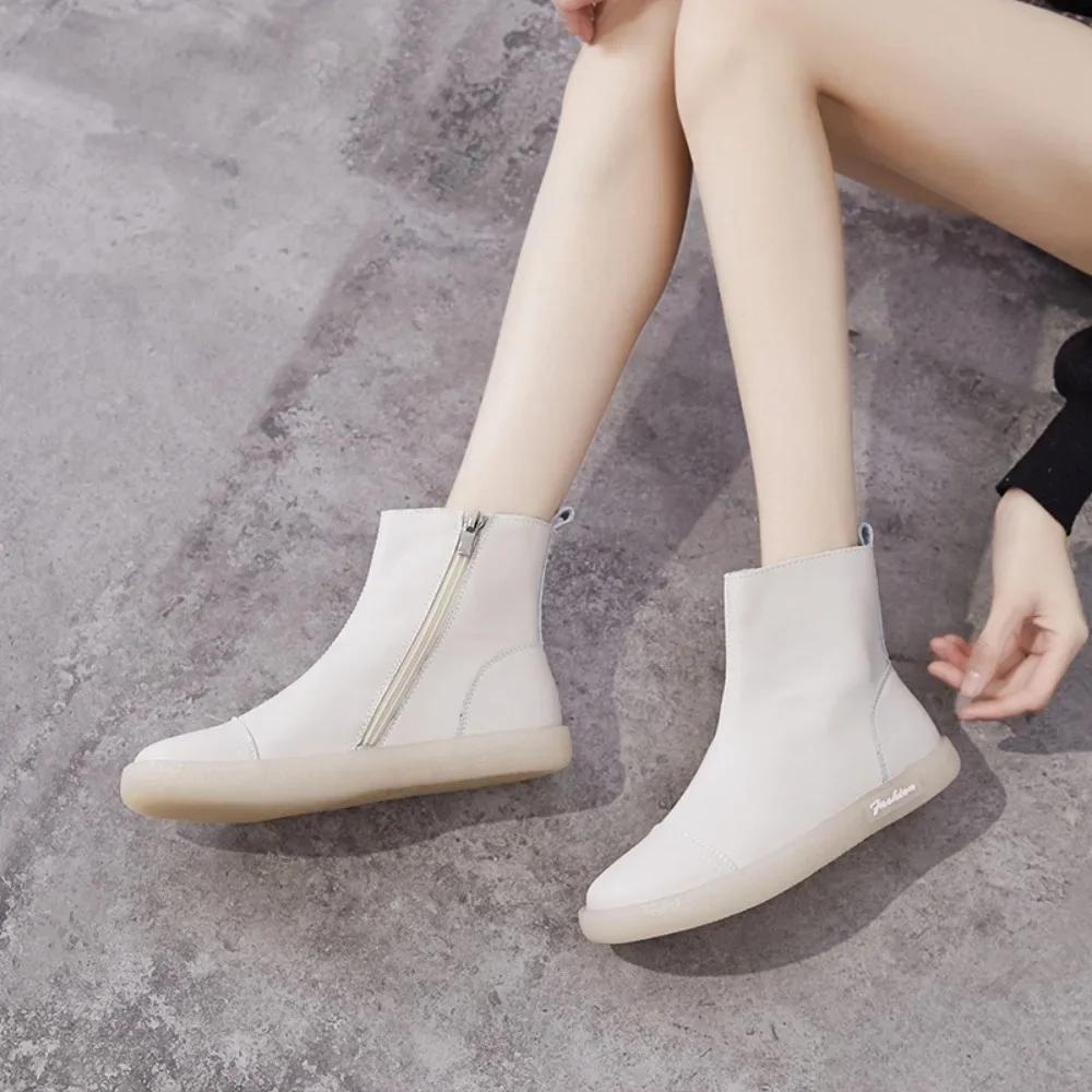 Short Boots Women's Autumn Winter New Item Cowhide Soft Soled Women's Boots Casual High Top Shoes Side Zipper Ankle Boots Women