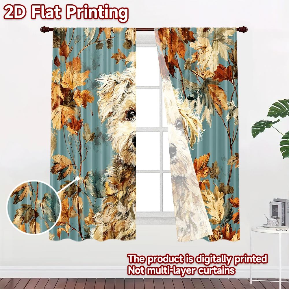 2D flat printing 2pcs Party Curtains Cute Dog Autumn Leaves Digital Printed Polyester Drapes Seasonal Party & Holiday Decor Use