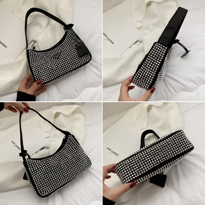 Luxury Diamond Nylon Shoulder Tote Bags For Womensmall Solid Color Women'S Designer Zipper Handbag Female Trend Armpit Bag