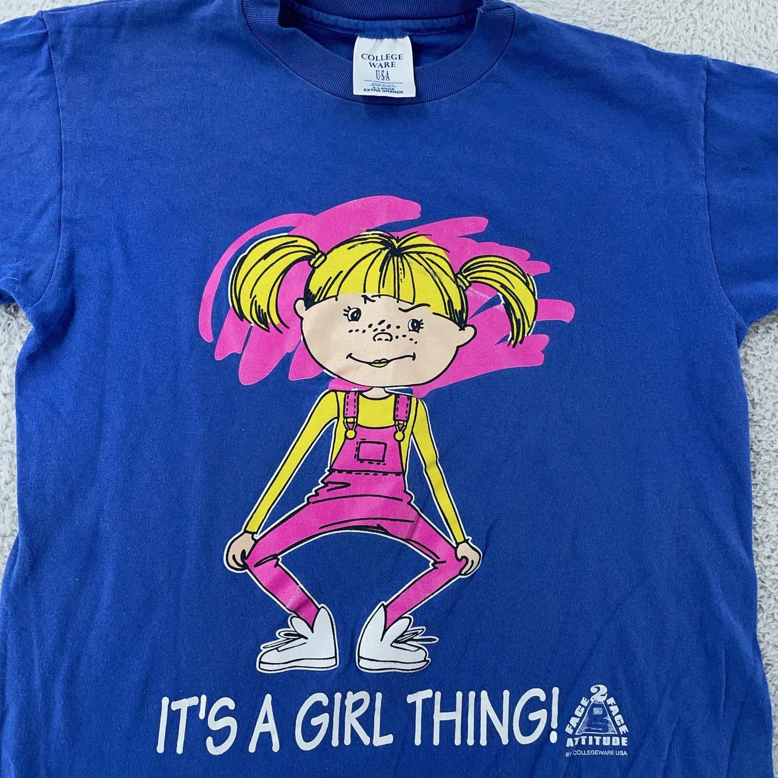 

Vintage It s A Girl Thing T-Shirt XS/Small Blue Attitude Cartoon Joke Y2K 90s 3XL