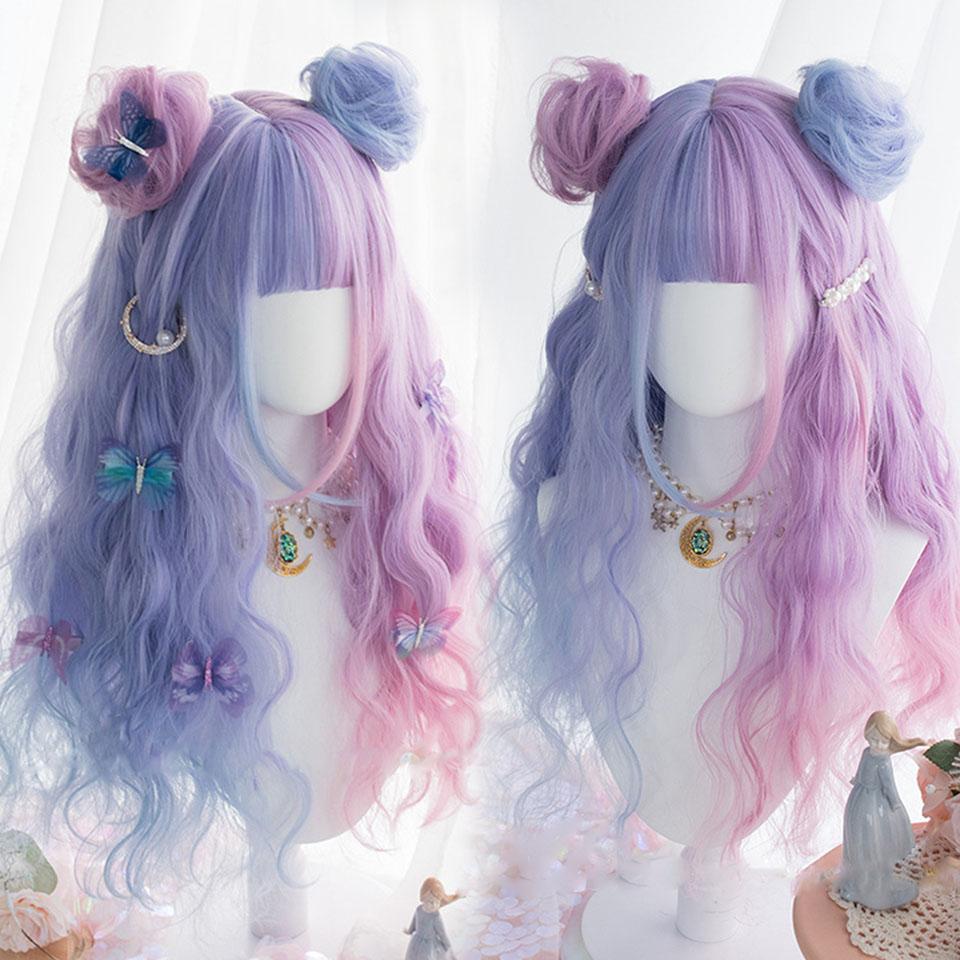 Professional  Long Colorful Synthetic Cosplay Lolita Harajuku Wig With Bangs Natural Wavy Wigs White Green Daily Wigs