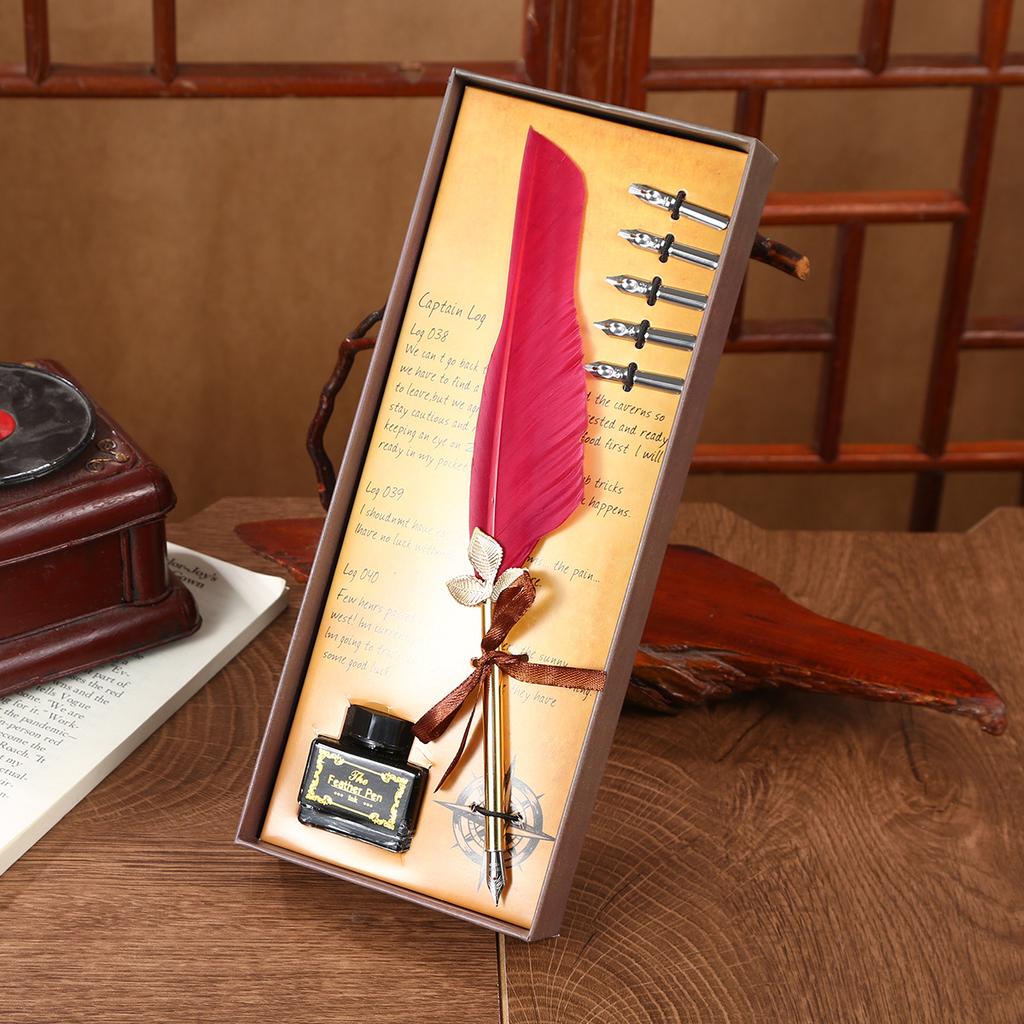 Retro Feather Dipped Pen Set, Solid Color Quill Pen Can Replace Nib Creative Holiday Gift