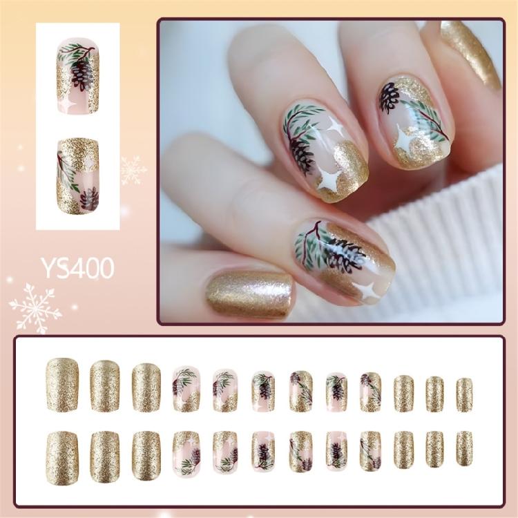 Leaves Press On Nail Short Square Artificial Nail Glittering Full Cover Stick on Nail Christmas False Nail for Woman