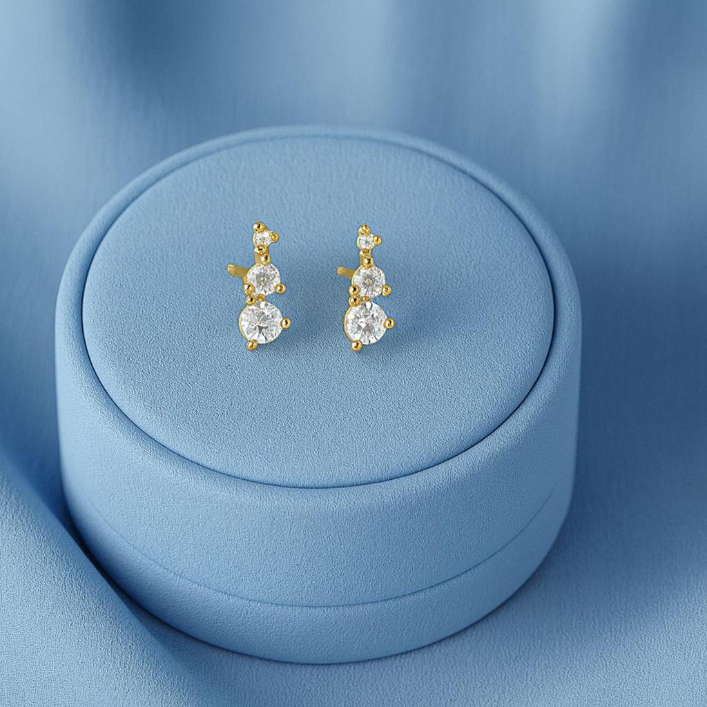 Graduated Triple Stone Stud Earrings Earrings - 925 Sterling Silver Yellow Plated