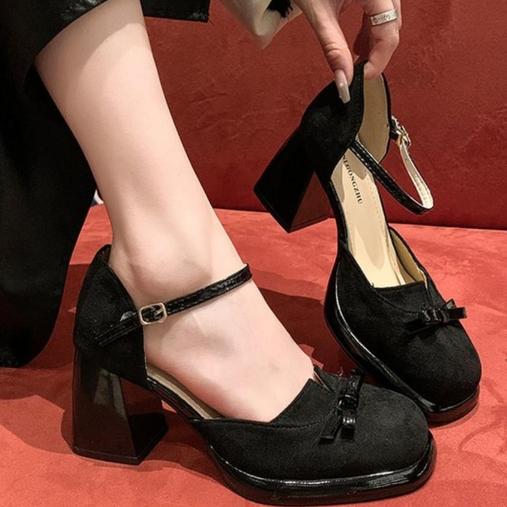 French bow thick heel bag head sandals women's 2025 summer new models with empty silver Mary Jane single shoes