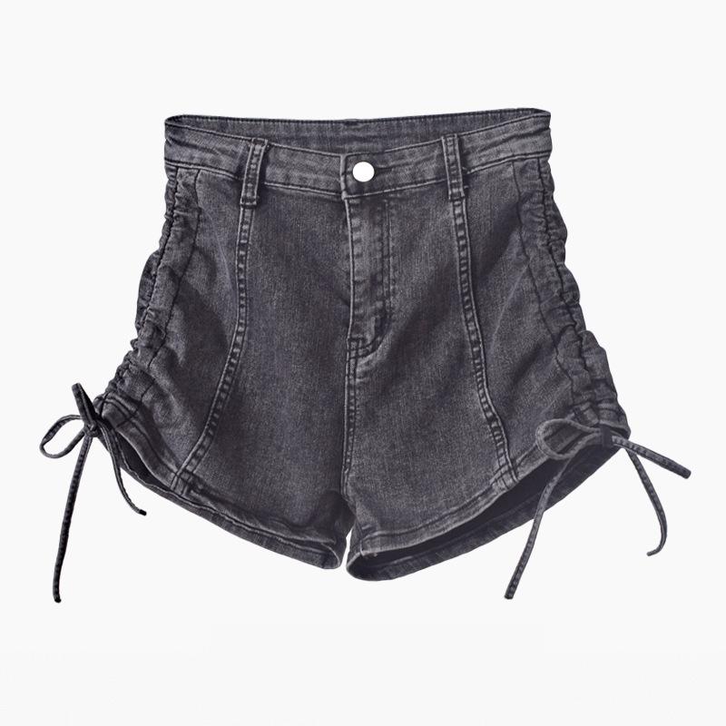 Youthful Skinny Fashionable and Versatile Summer High Waist Elastic Wide Leg Slim Thin Pants Design Sense Side Folds Drawstring Denim Shorts Female