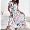 Sweet Summer New V Neck Big Flower Print Lace-up Single-Breasted A- line Short Sleeve Mid Length Long Length Dress Women Dress