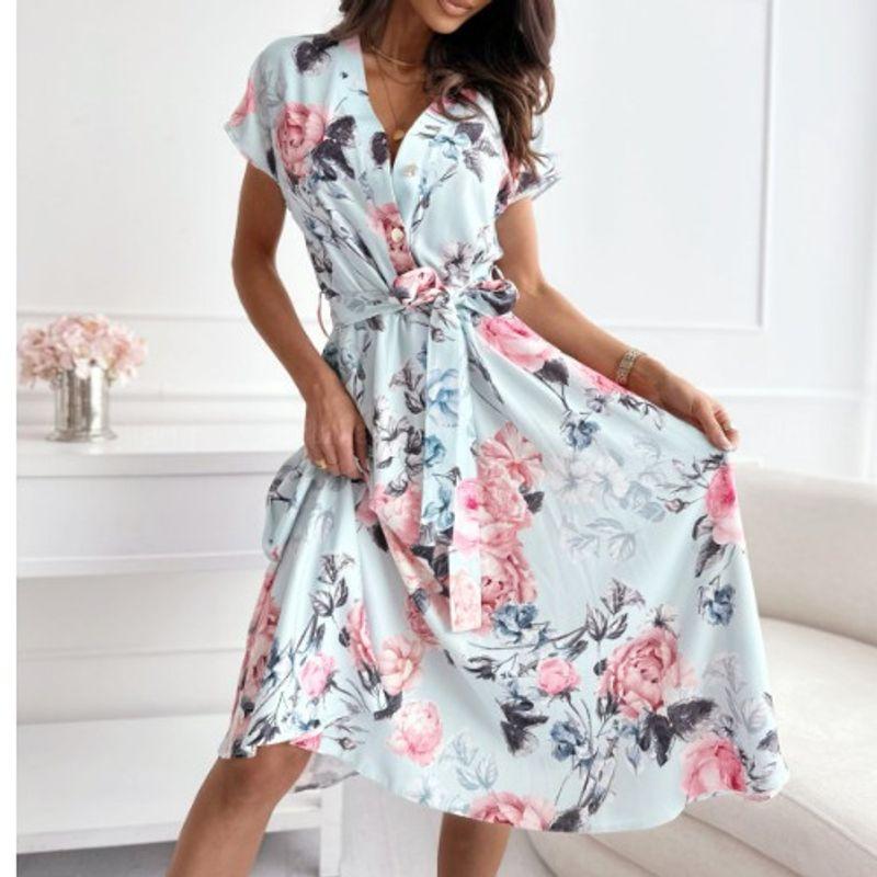 Sweet Summer New V Neck Big Flower Print Lace-up Single-Breasted A- line Short Sleeve Mid Length Long Length Dress Women Dress