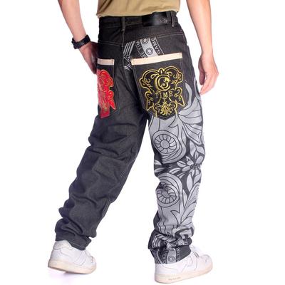Men'S Straight Leg Pants, Hip-Hop Jeans, Street Dance Graffiti Printed Embroidery, Loose Skateboard Pants