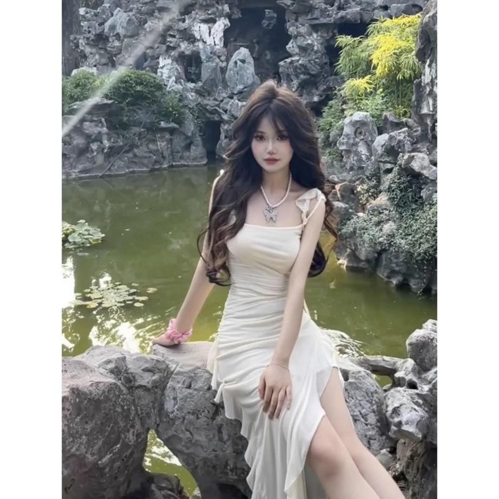 Windschlitz Trägerkleid Damen Sommer Süß Xiaofei Ärmel Taille Mesh Rock Unregelmäßiges Langes Kleid