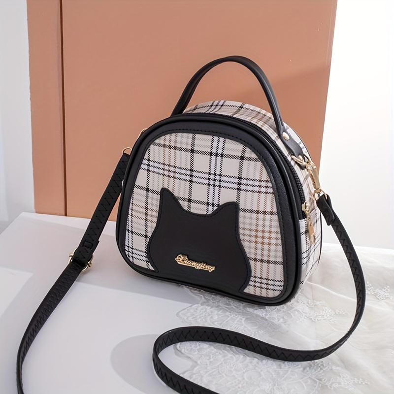 Plaid Cat Handbag Stylish Plaid Cat Face Handbag Adjustable Strap, Zipper Closure, Perfect for Casual Outings & Travel