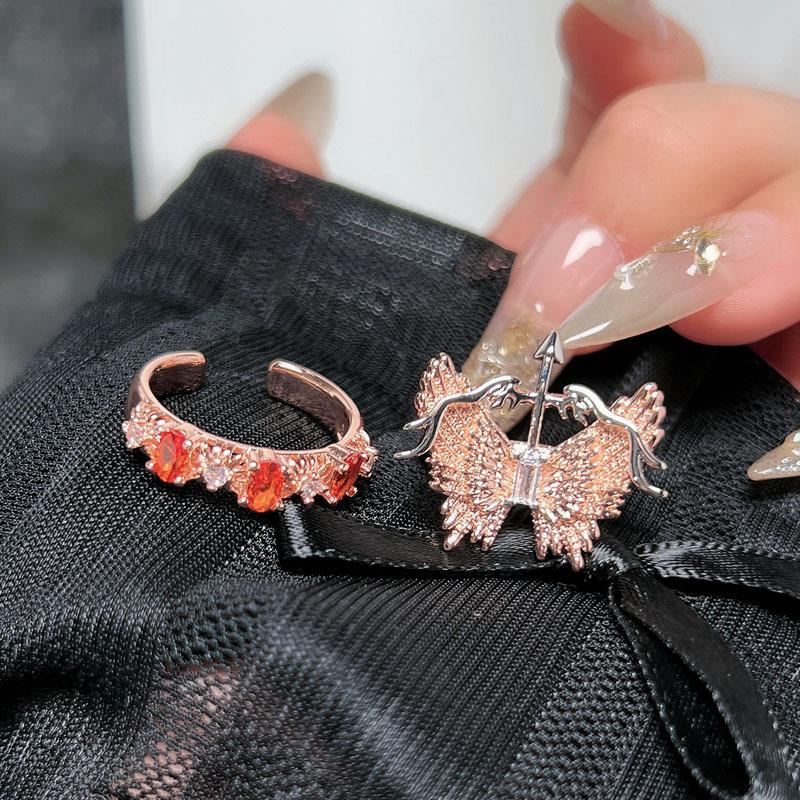 ins tide two-color butterfly feather Cupid's arrow open ring women's fashion niche design sense stacked ring