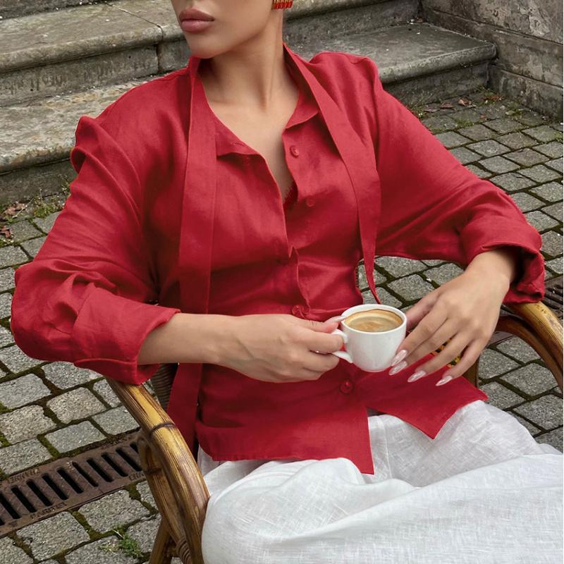 Spring And Summer Lace-Up Waist-Cinching Ribbon Blouse For Women Elegant Tie Neck Linen Button Up Tops
