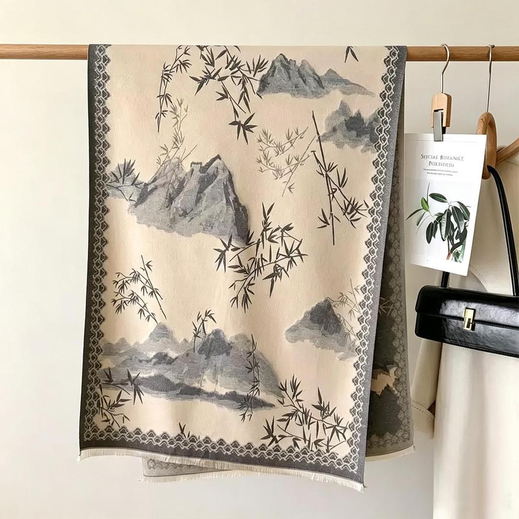 Double-Sided Women's Winter Ink Painting Snood: Imitation Cashmere Scarf for Air-Conditioned Rooms.