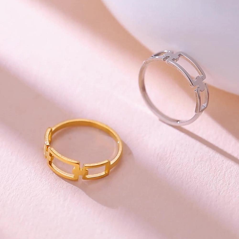 Simple Rectangle Chain Women's Ring Kpop Stainless Steel Rose Gold Finger Rings Jewelry Gift