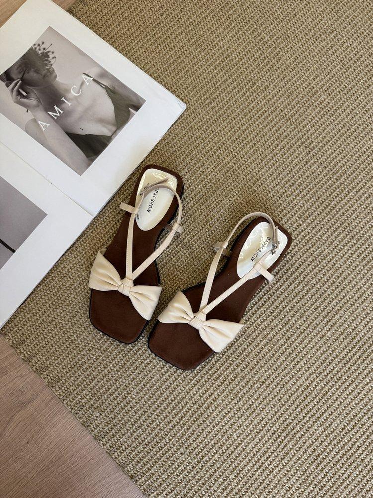 

Gentle bow wedge heel open-toed black sandals women s summer wear fashion versatile vacation style beach Roman shoes 40