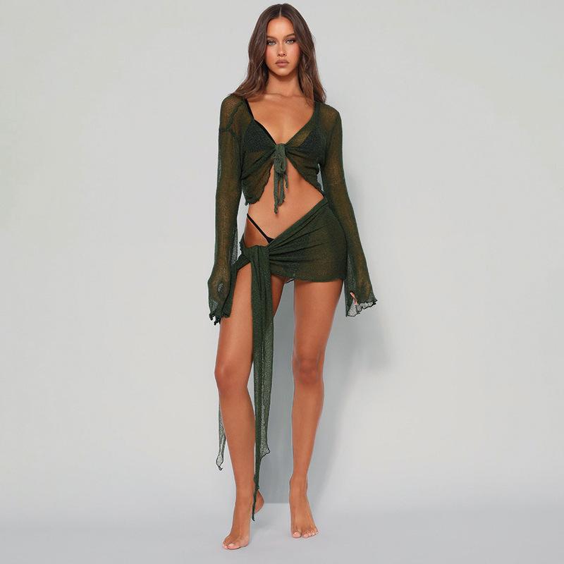 Ensemble crop top à manches longues à lacets en dentelle résille et jupe courte - Mode d'été européenne et américaine pour femmes