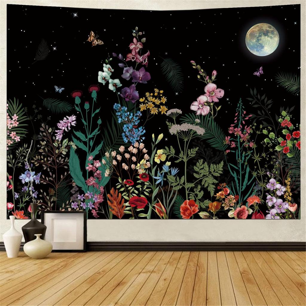 Generleo Floral Plants Tapestry Galaxy Moon Tapestries Vintage Boho Flower Butterfly Tapestries Black Starry Sky Nature Landscape Tapestry Wall