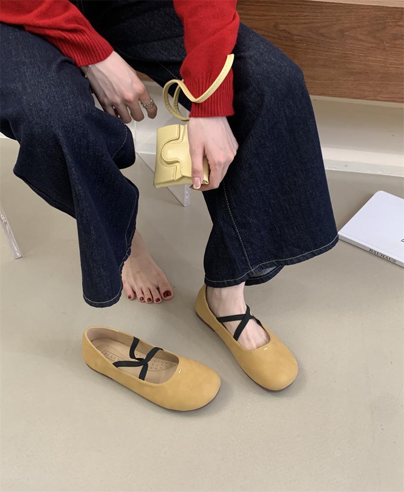 Leather Niche Round Head Cross Elastic Band Flat Ballet Shoes Mary Jane Shoes Women's Summer and Autumn 2025 Single Shoes