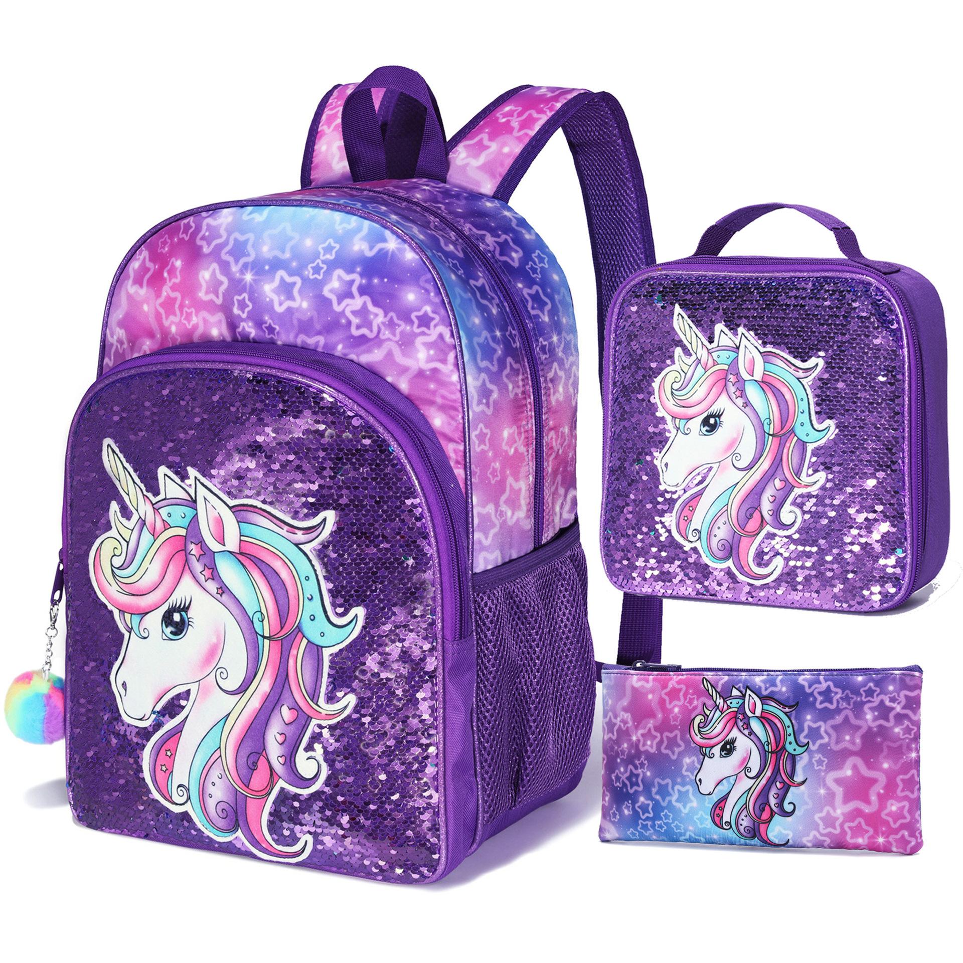 3PCS Mermaid School Backpack Set with Lunch Box Cute Kids Unicorn Book Bag Elementary Kindergarten School Bag for Girls