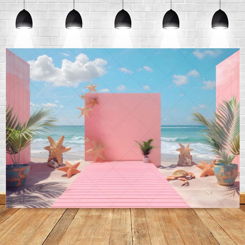 Summer Beach Photography Backdrop Hawaiian Pink Tropical Ocean Seaside Surfboard Kids Birthday Holiday Party Photo Background