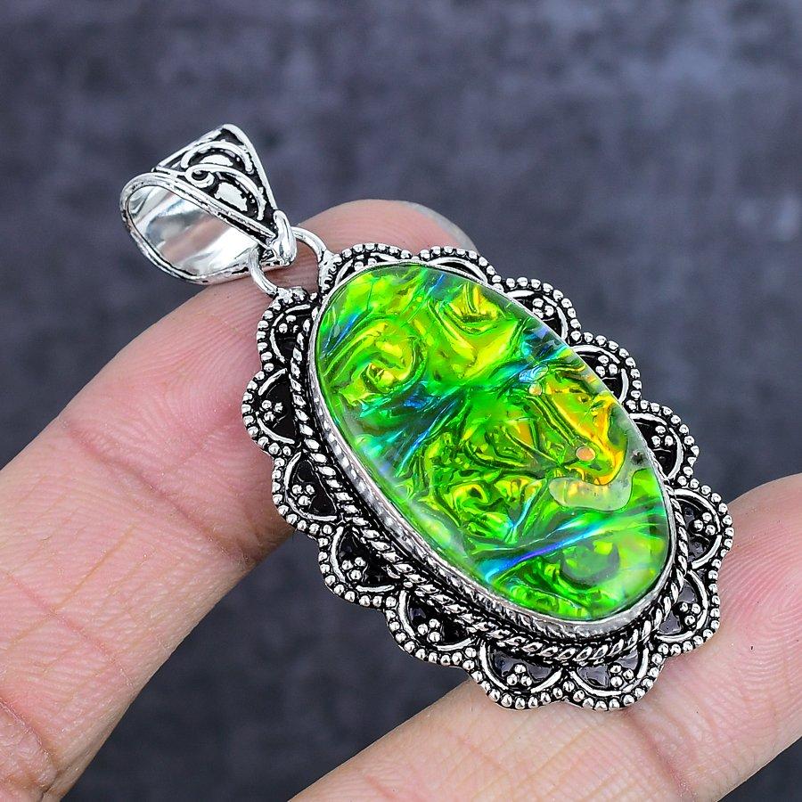 Natural Green Triplet Opal Gemstone 925 Sterling Silver Pendant 2.21" ETC-14071
