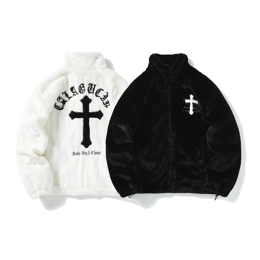 Amerikanischer Stil Neue Hip-Hop Bestickte Jacke Herren Imitat Kaninchenfell Stehkragen Unisex Locker Baumwolljacke