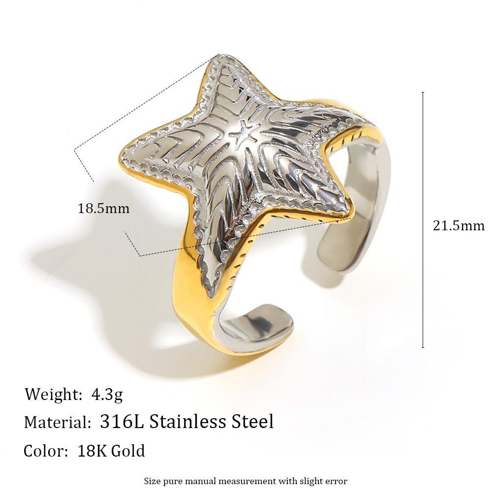 

MamacitaSlay 316L Stainless Steel Two Color Starfish Open Ring Waterproof 18K Gold Plated Jewelry Women s Charm Ring Ornament resizable