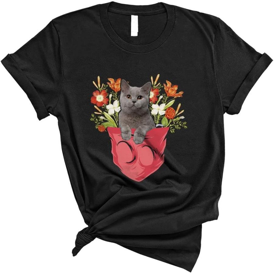 British Shorthair Cat in Floral Pocket Cute Funny National Cat Day Cat Kitten Flowers Family Lover Unisex T-Shirt XXXXXL разноцветный