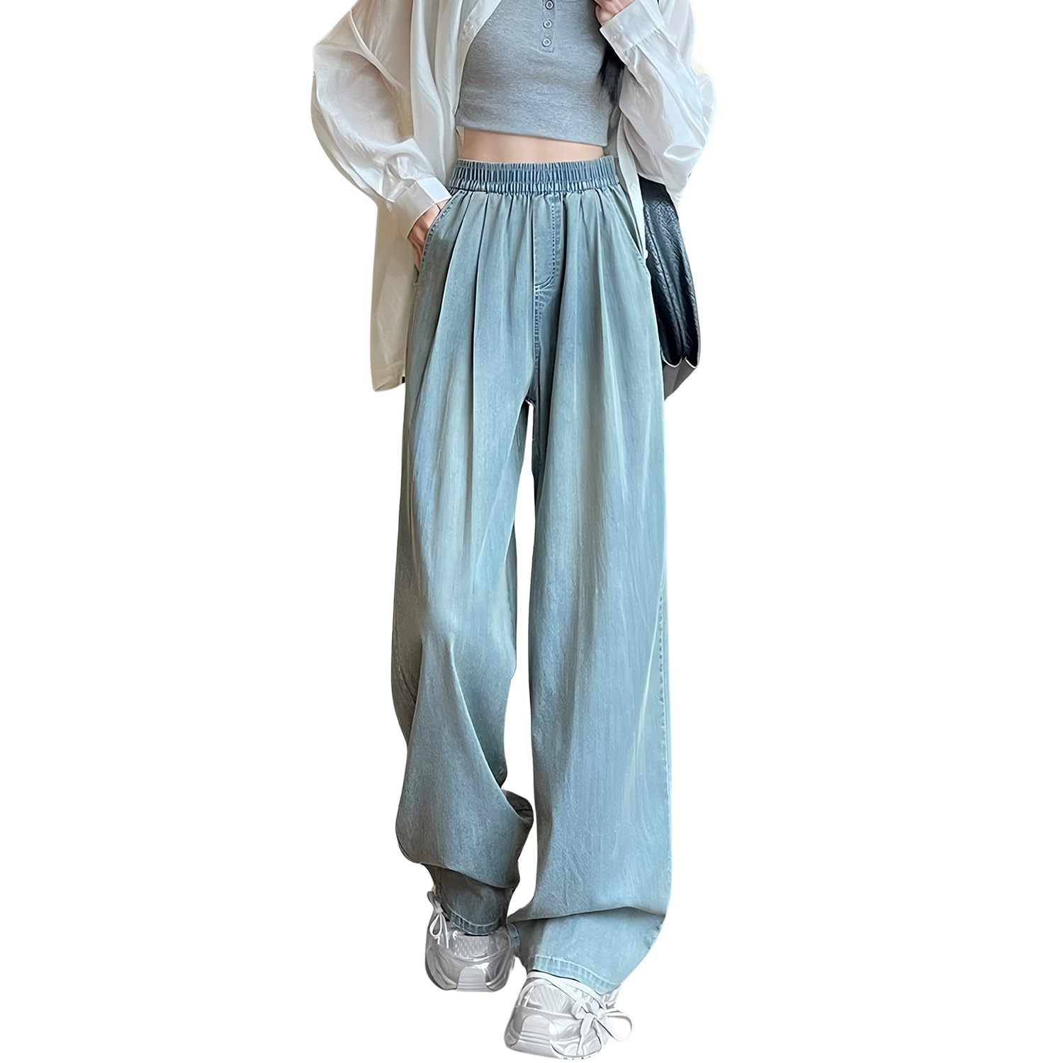 ROKUA Cool Tencel Cool to the Loose Elastic Waist Women s Wide-leg Jeans, Touch, Summer, Fit, Casual, Leg-Looking, Figure-Flattening, Thin, синий