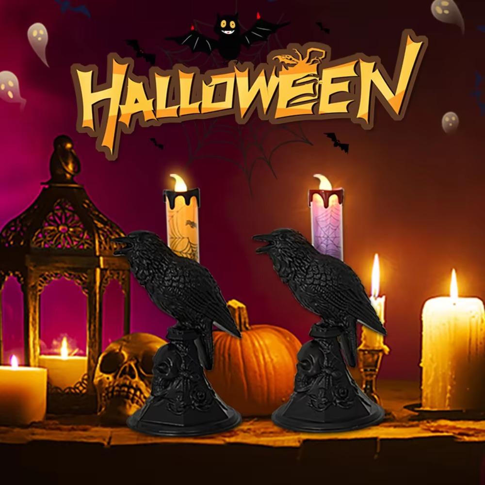 Realistic Black Crow Statue Glowing Candlestick Luminous Table Lamp Raven LED Candles Bar