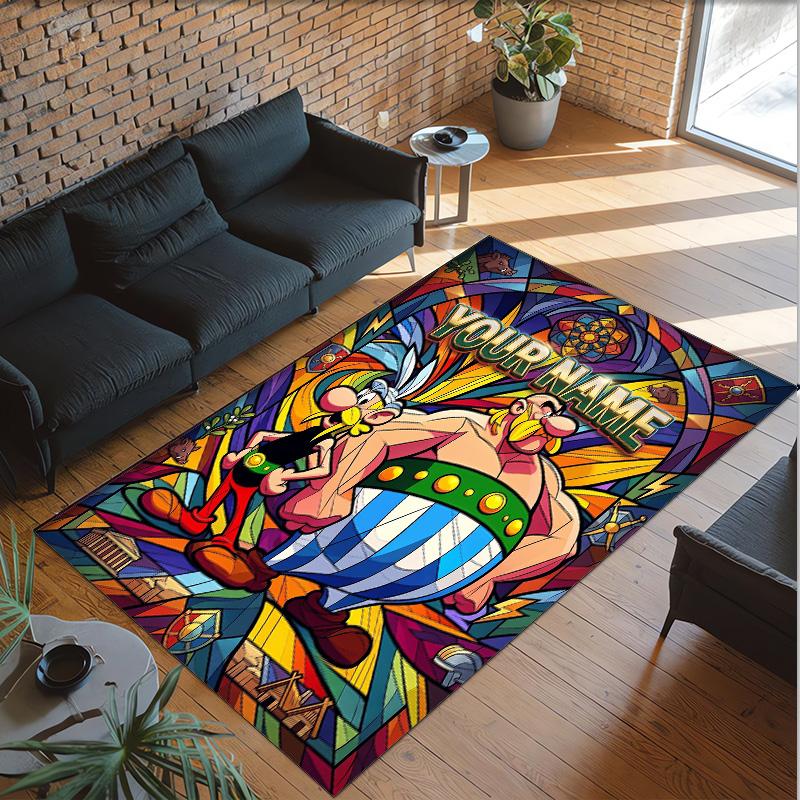 Personalized Crystal Velvet Carpet Custom Name Text,Asterix & Obelix Anti Slip Area Rug For Home Decoration