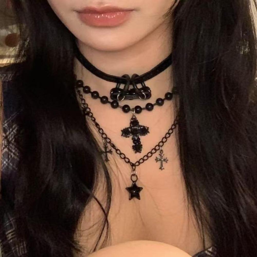 Dark Night Thorns Cross Stars Multi-layer Choker Necklace Spice Girl Black Leather Necklace