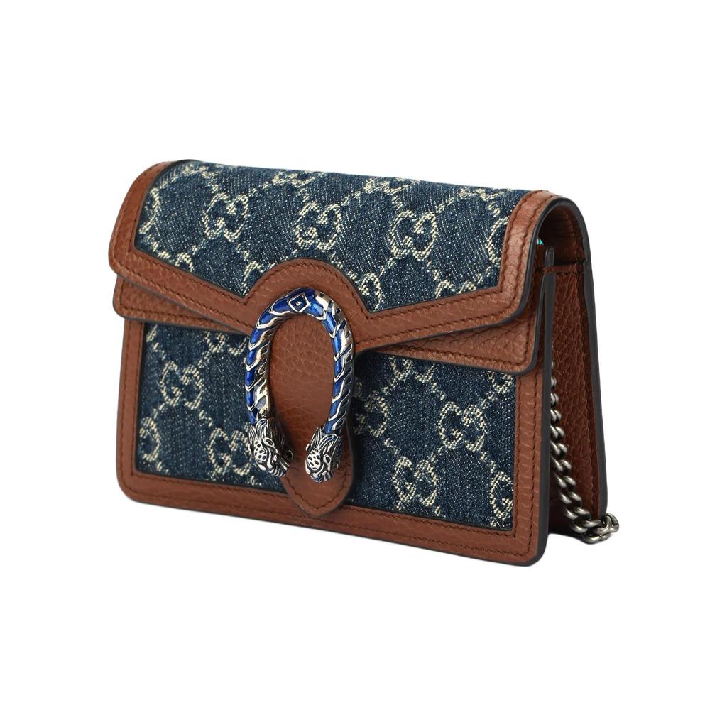Gucci Borsa a tracolla in denim e pelle con fibbia a testa di tigre di Dioniso e logo monogramma per donna Grigio-Blu con Marrone
